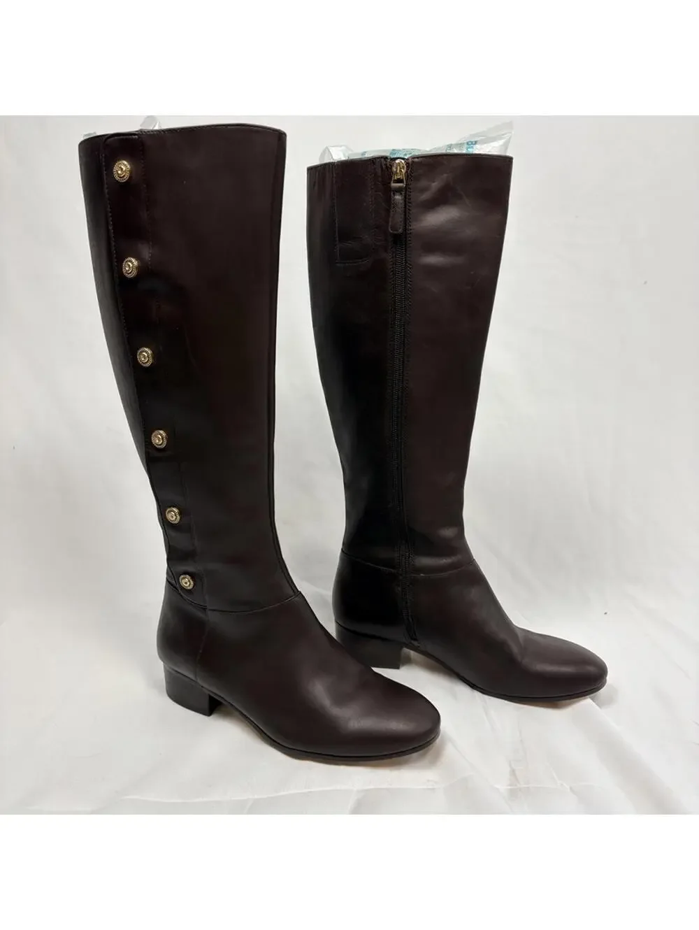 Nine West Oreyan Genuine Leather Knee High Brown Boots Gold Button Details 6.5